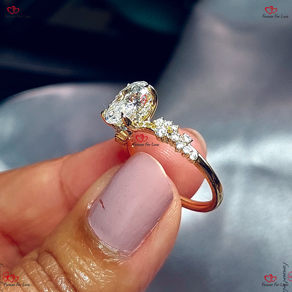 Unique Vintage Style  Hybrid Crushed Ice Oval Moissanite Ring – Cluster Diamond Engagement Ring in Solid Gold