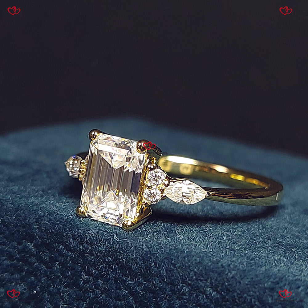 Vintage Emerald Cut Moissanite Engagement Ring – Unique Cluster Gold Engagement Ring with Marquise Diamond