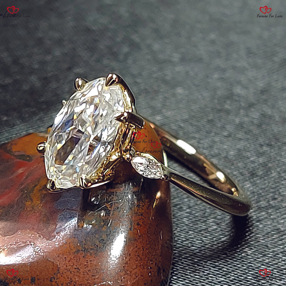 Bague de fiançailles vintage en or rose avec moissanite ovale et diamants taille marquise – Bague de promesse de mariage et de mariée unique