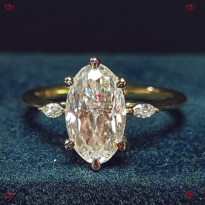 Bague de fiançailles vintage en or rose avec moissanite ovale et diamants taille marquise – Bague de promesse de mariage et de mariée unique