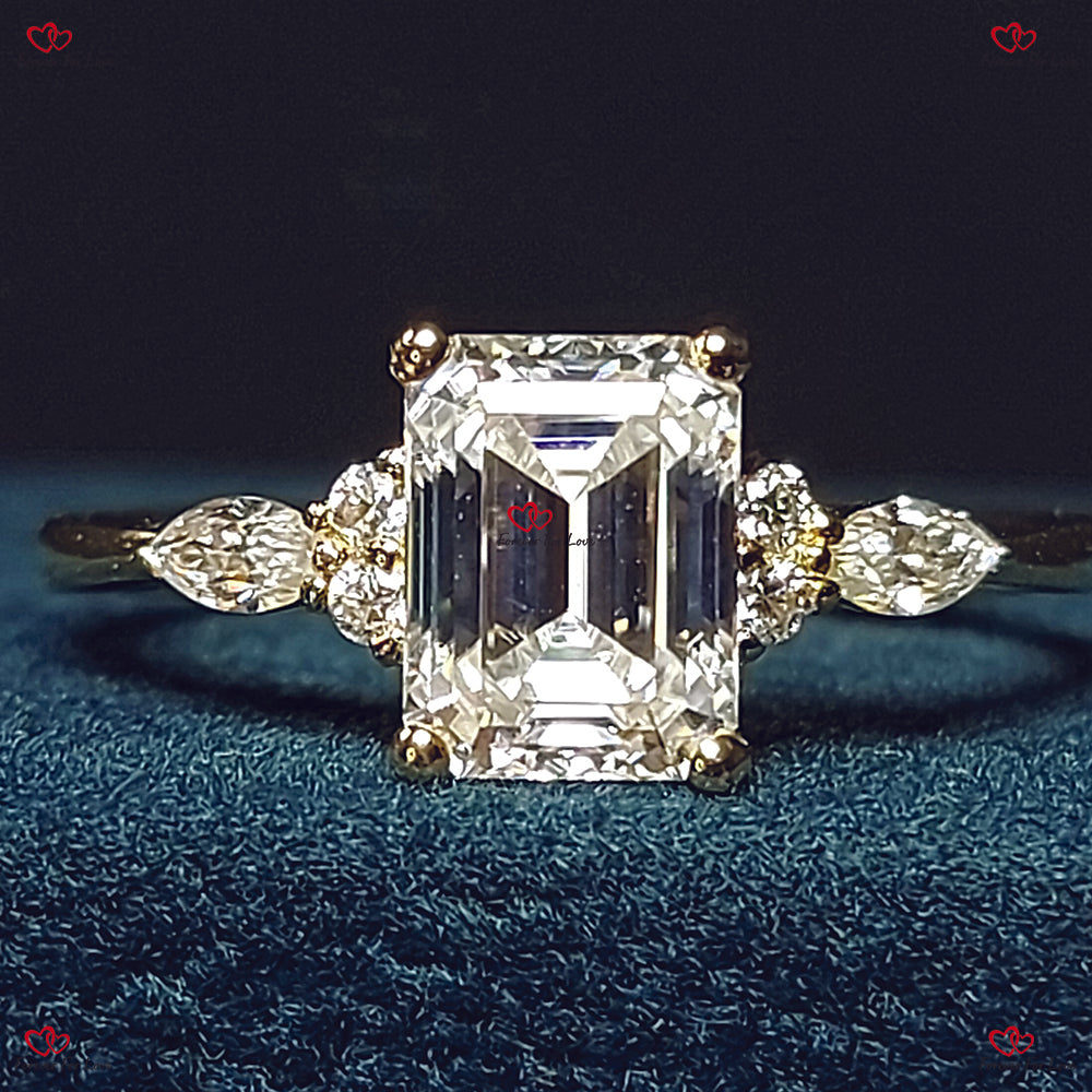 Vintage Emerald Cut Moissanite Engagement Ring – Unique Cluster Gold Engagement Ring with Marquise Diamond