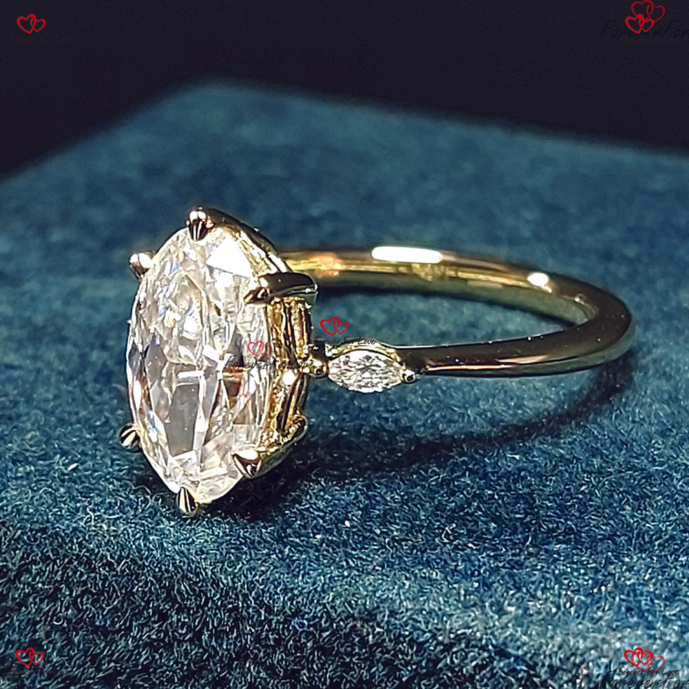 Bague de fiançailles vintage en or rose avec moissanite ovale et diamants taille marquise – Bague de promesse de mariage et de mariée unique