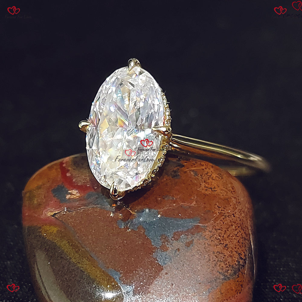 Bague de fiançailles en moissanite à taille ovale | Ovale en glace pilée | Bague halo cachée