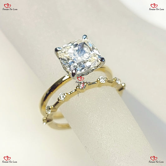 Cushion Cut Diamond Ring with Floating Pave Diamond Band Bridal Set