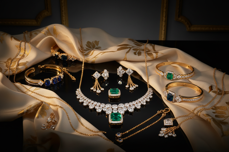 Luxury gold jewelry collection featuring a diamond fringe necklace with a large emerald pendant, matching emerald and sapphire bracelets, and diamond drop earrings