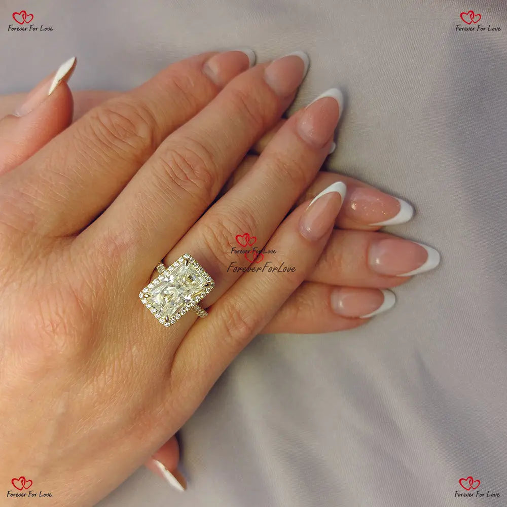 Radiant Cut Moissanite Engagement Ring |  Crushed Ice Halo | Modern Pave Proposal Ring Forever For Love