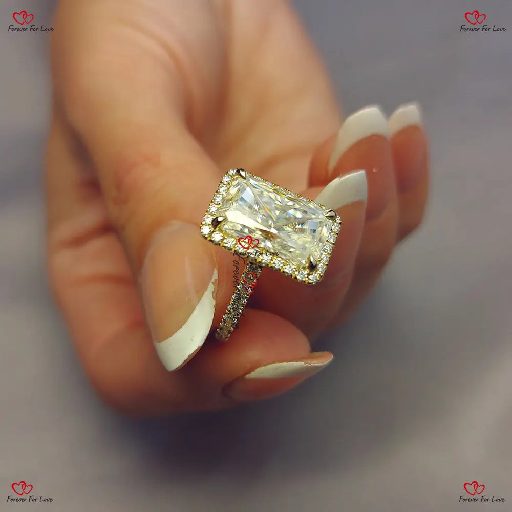 Radiant Cut Moissanite Engagement Ring |  Crushed Ice Halo | Modern Pave Proposal Ring Forever For Love