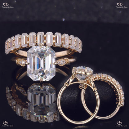 Emerald Cut Forever Moissanite Engagement Ring Set White Gold