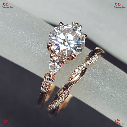 Antique Round Moissanite Engagement Ring Set with Pear Diamond Cluster in Rose Gold