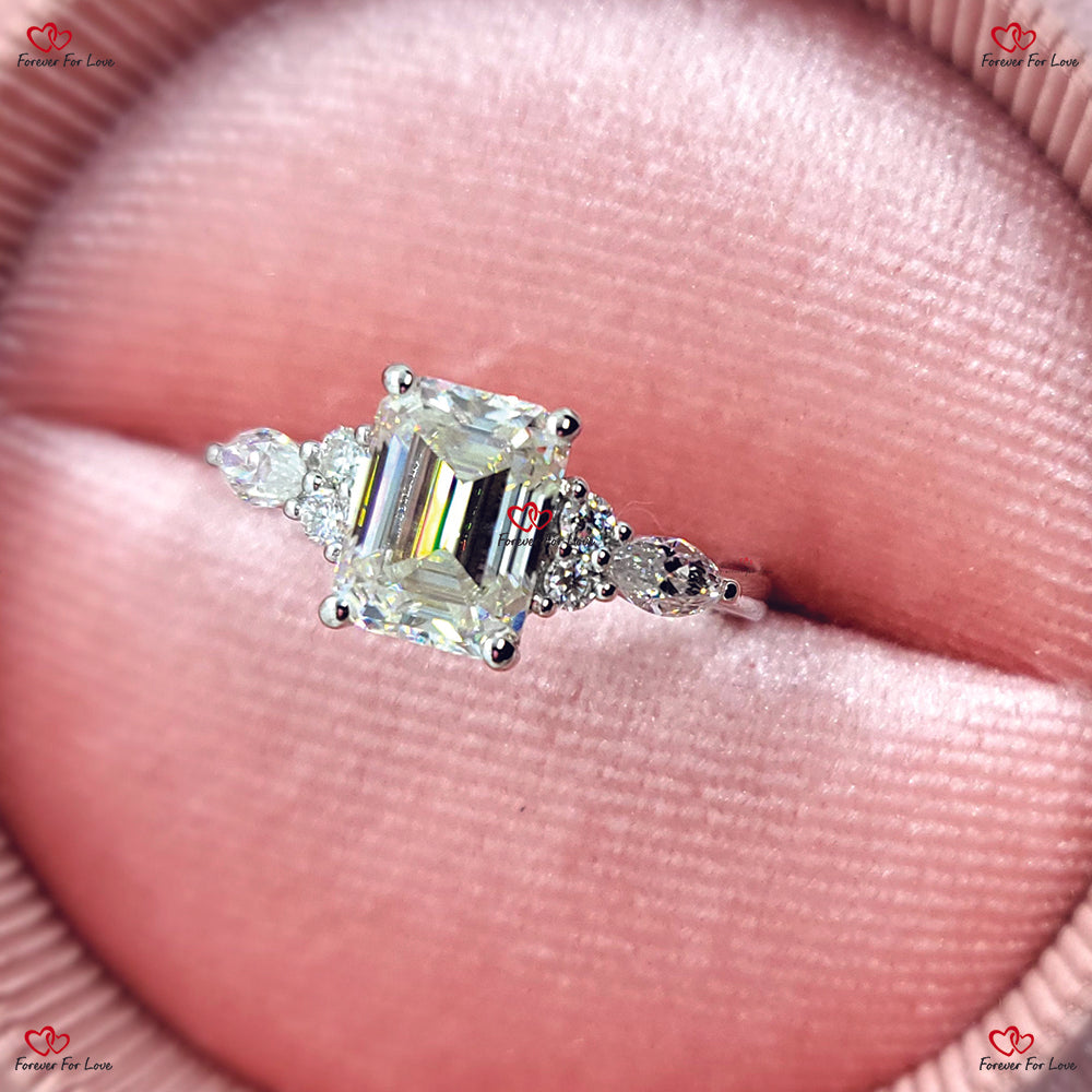 Bague de fiançailles vintage en moissanite taille émeraude - Bague de fiançailles unique en or avec diamants marquise Bague d'anniversaire de mariage Art déco