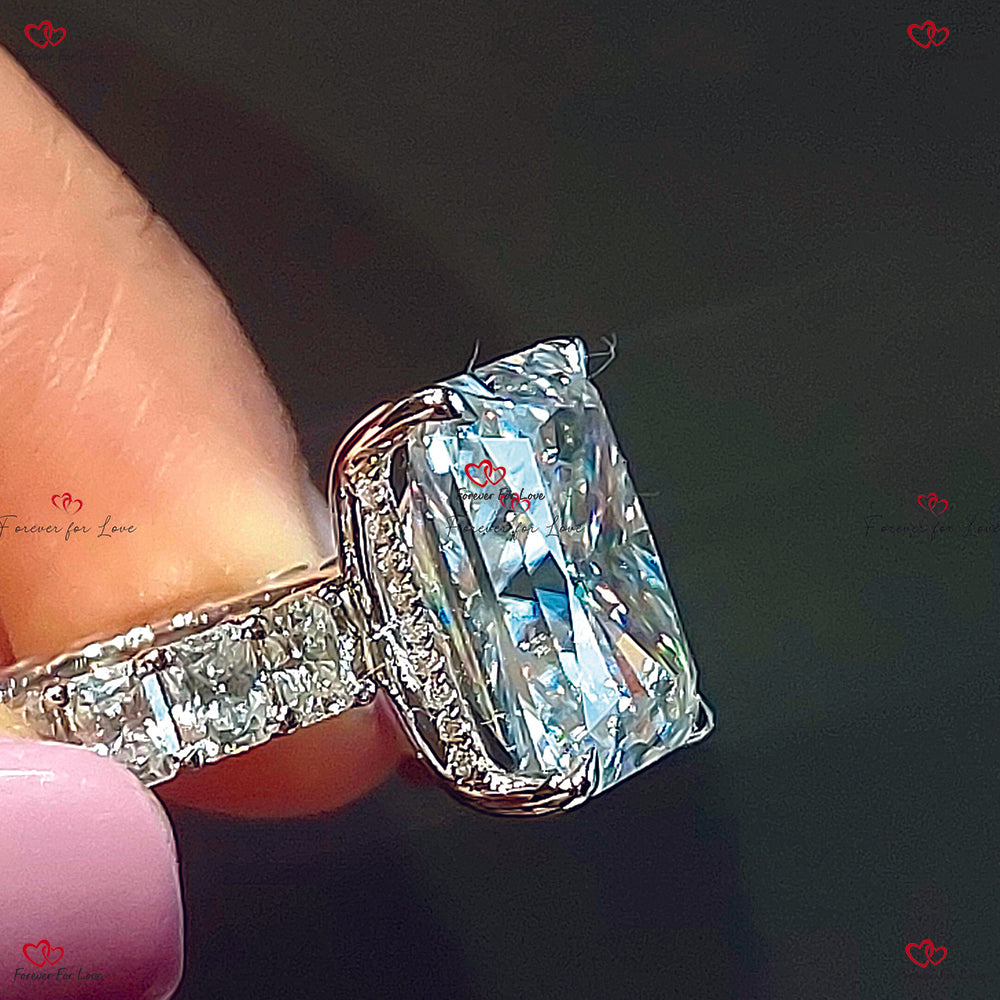 Hybrid Crushed Radiant Cut Moissanite Engagement Ring with Chunky Radiant Cut Eternity Band - Solitaire Setting