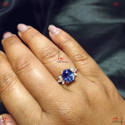 Bague de fiançailles vintage en saphir bleu | Saphir bleu naturel de Ceylan | Diamant marquise en or rose