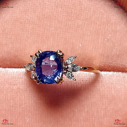 Bague de fiançailles vintage en saphir bleu | Saphir bleu naturel de Ceylan | Diamant marquise en or rose