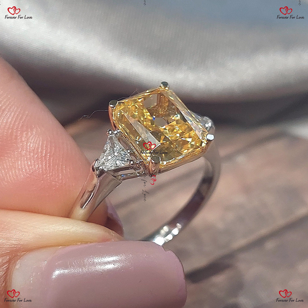 4 Carat Fancy Intense Yellow Cushion Cut Lab Grown Diamond Engagement Ring with Trillion Cut Side Diamonds - Solid  Gold/Platinum