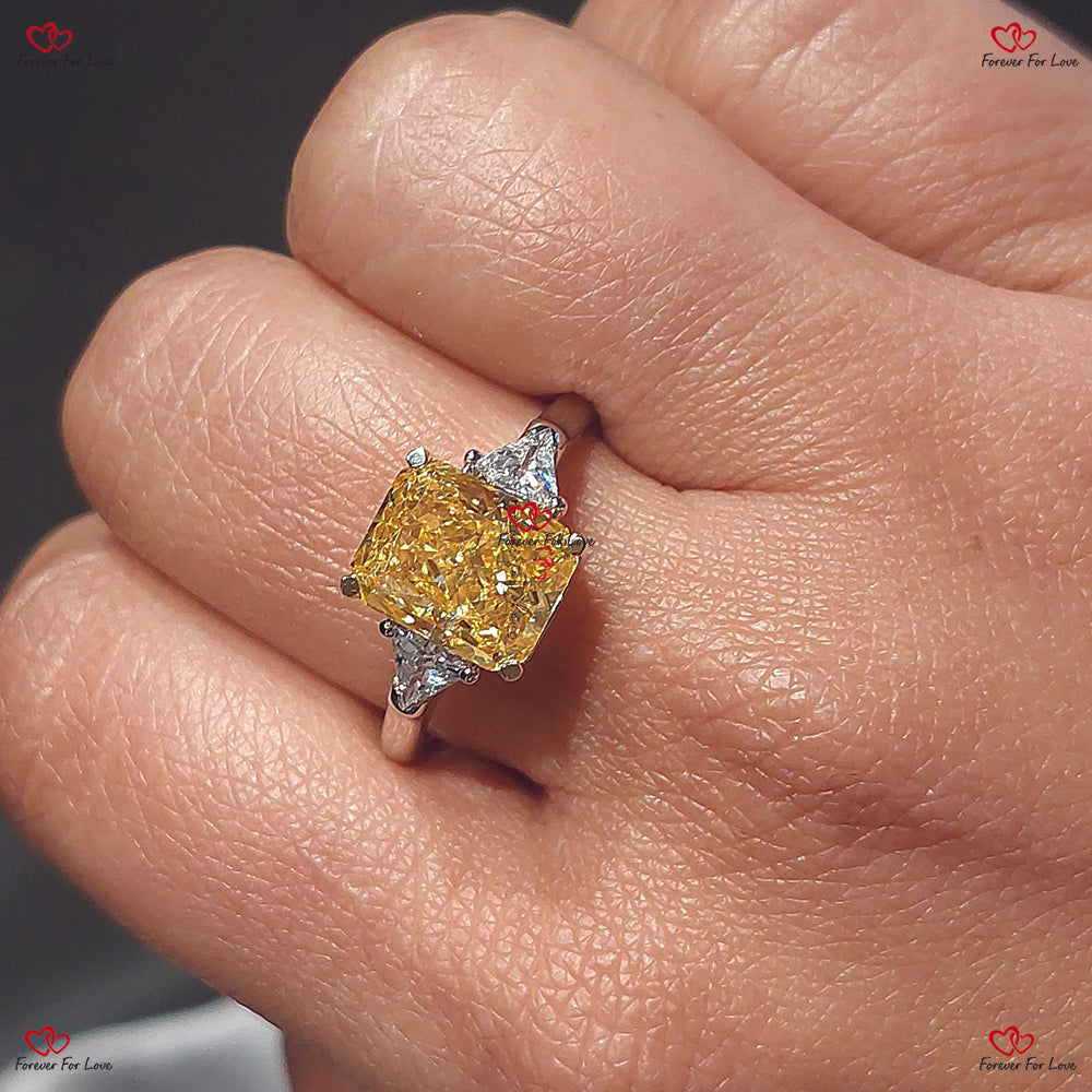 4 Carat Fancy Intense Yellow Cushion Cut Lab Grown Diamond Engagement Ring with Trillion Cut Side Diamonds - Solid  Gold/Platinum