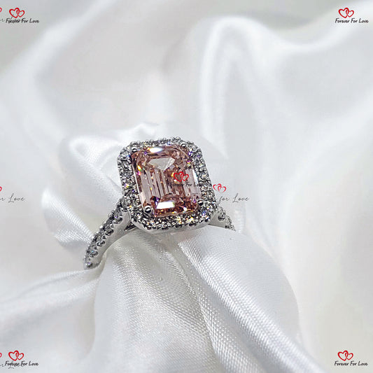 Bague de fiançailles avec diamant taillé en émeraude rose créé en laboratoire - Bague halo en diamant certifiée IGI