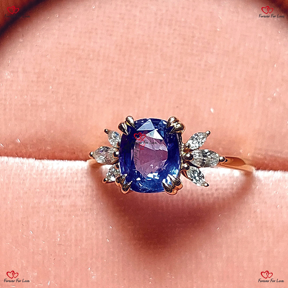 Bague de fiançailles vintage en saphir bleu | Saphir bleu naturel de Ceylan | Diamant marquise en or rose