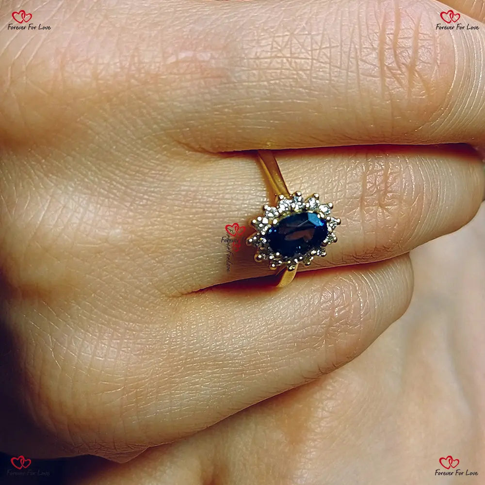 Oval Blue Sapphire Ring Oval Sapphire Diamond Ring Diana Engagement Ring with Sapphire and Diamonds Yellow Gold Forever For Love