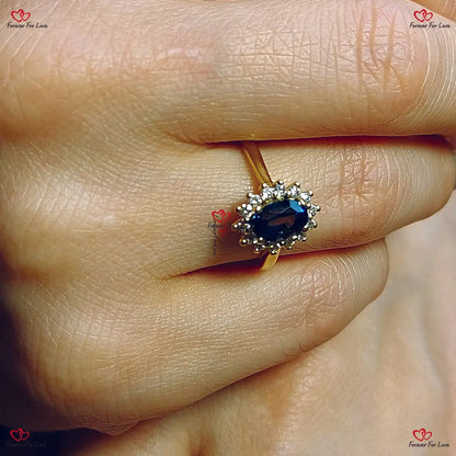 Oval Blue Sapphire Ring Oval Sapphire Diamond Ring Diana Engagement Ring with Sapphire and Diamonds Yellow Gold Forever For Love