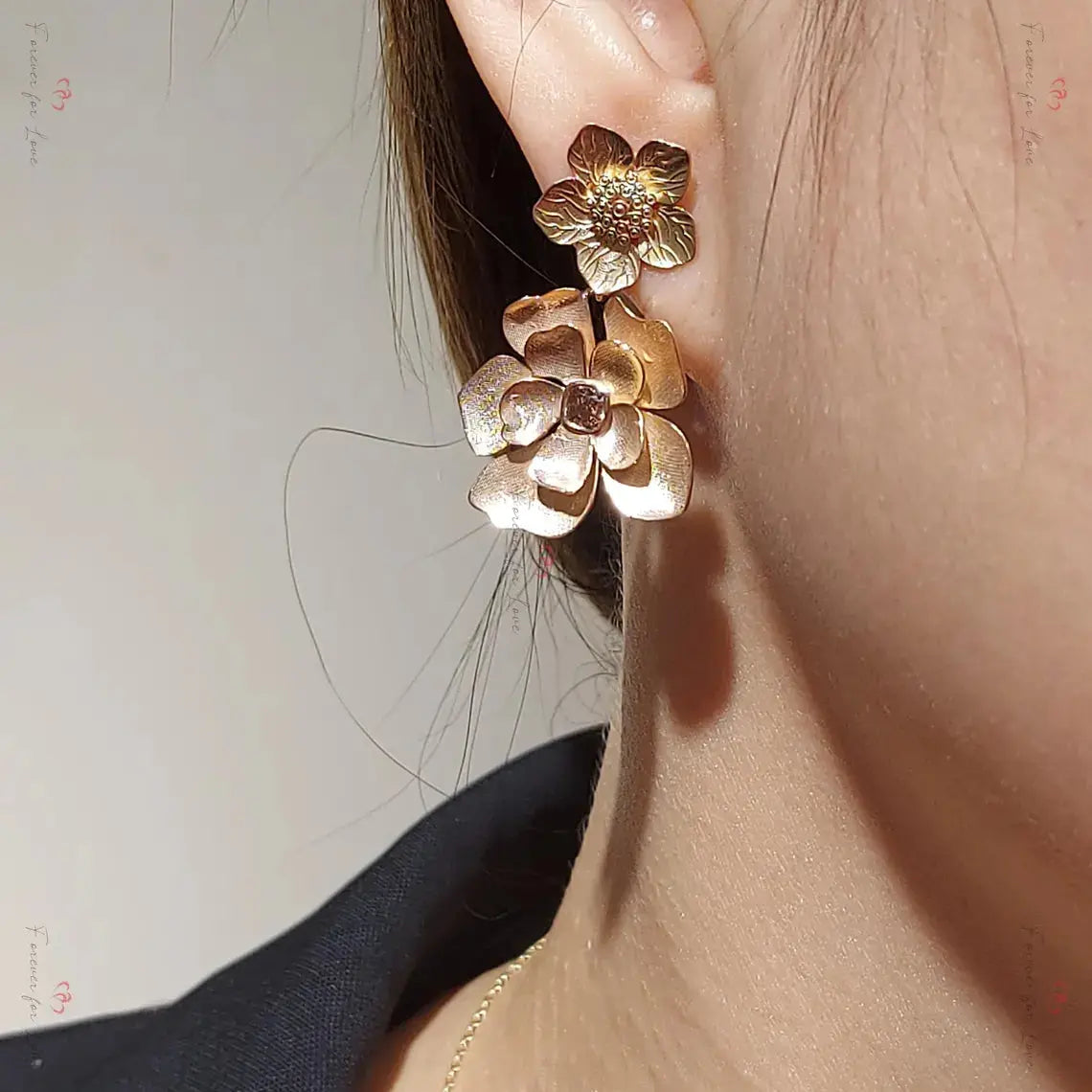 14k Gold Flower Drop Earrings | Handmade Dangling Gold Earrings Forever For Love