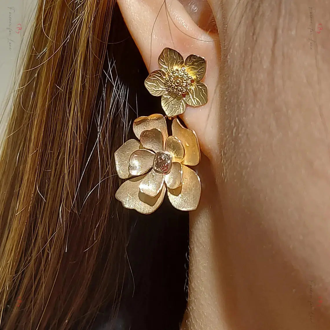 14k Gold Flower Drop Earrings | Handmade Dangling Gold Earrings Forever For Love