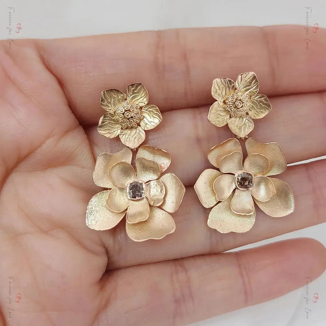 14k Gold Flower Drop Earrings | Handmade Dangling Gold Earrings Forever For Love