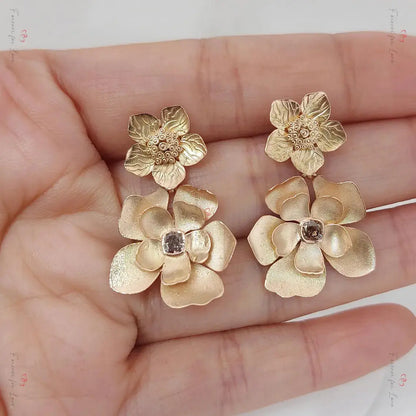 14k Gold Flower Drop Earrings | Handmade Dangling Gold Earrings Forever For Love
