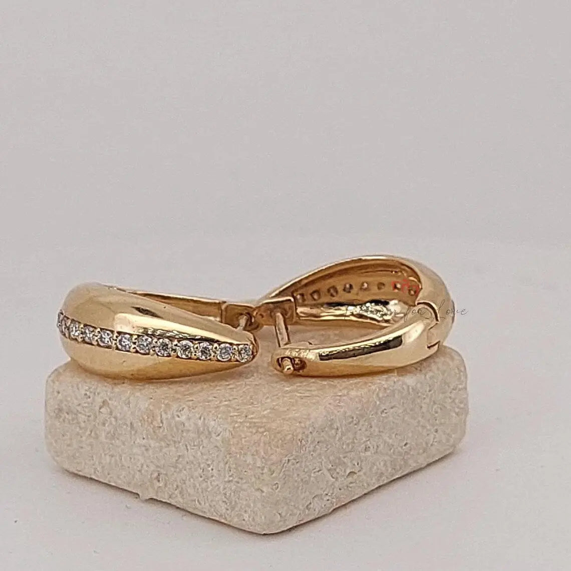 14k Gold Plain Thick Huggie Earrings with Diamonds Forever For Love