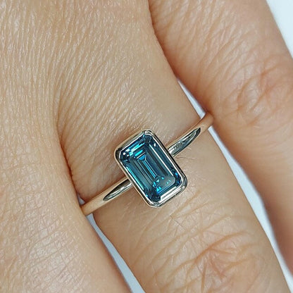 1Ct Fancy Vivid Blue Emerald Cut Bezel Set Lab Grown Diamond Ring Forever For Love