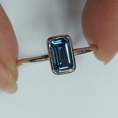 1Ct Fancy Vivid Blue Emerald Cut Bezel Set Lab Grown Diamond Ring Forever For Love