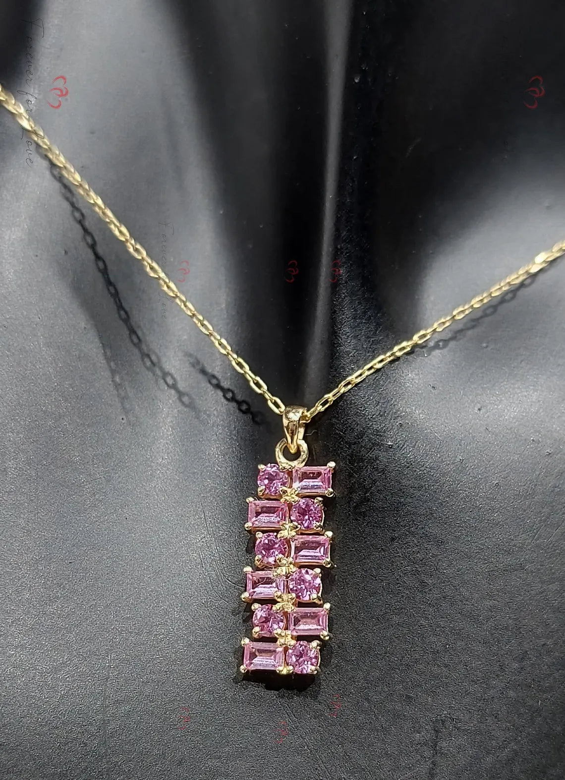 Baguette & Round Diamond Necklace with Lab-Grown Pink Sapphire Forever For Love