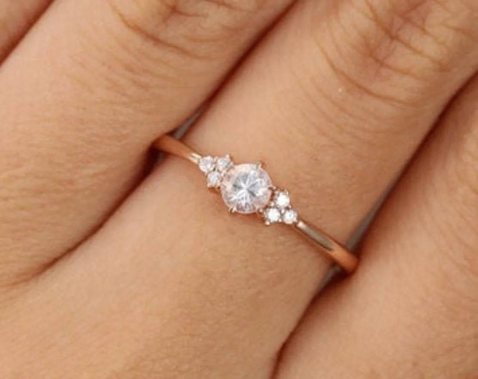 Natural Round Diamond three stone cluster ring- Diamond rose gold Engagement ring Forever For Love