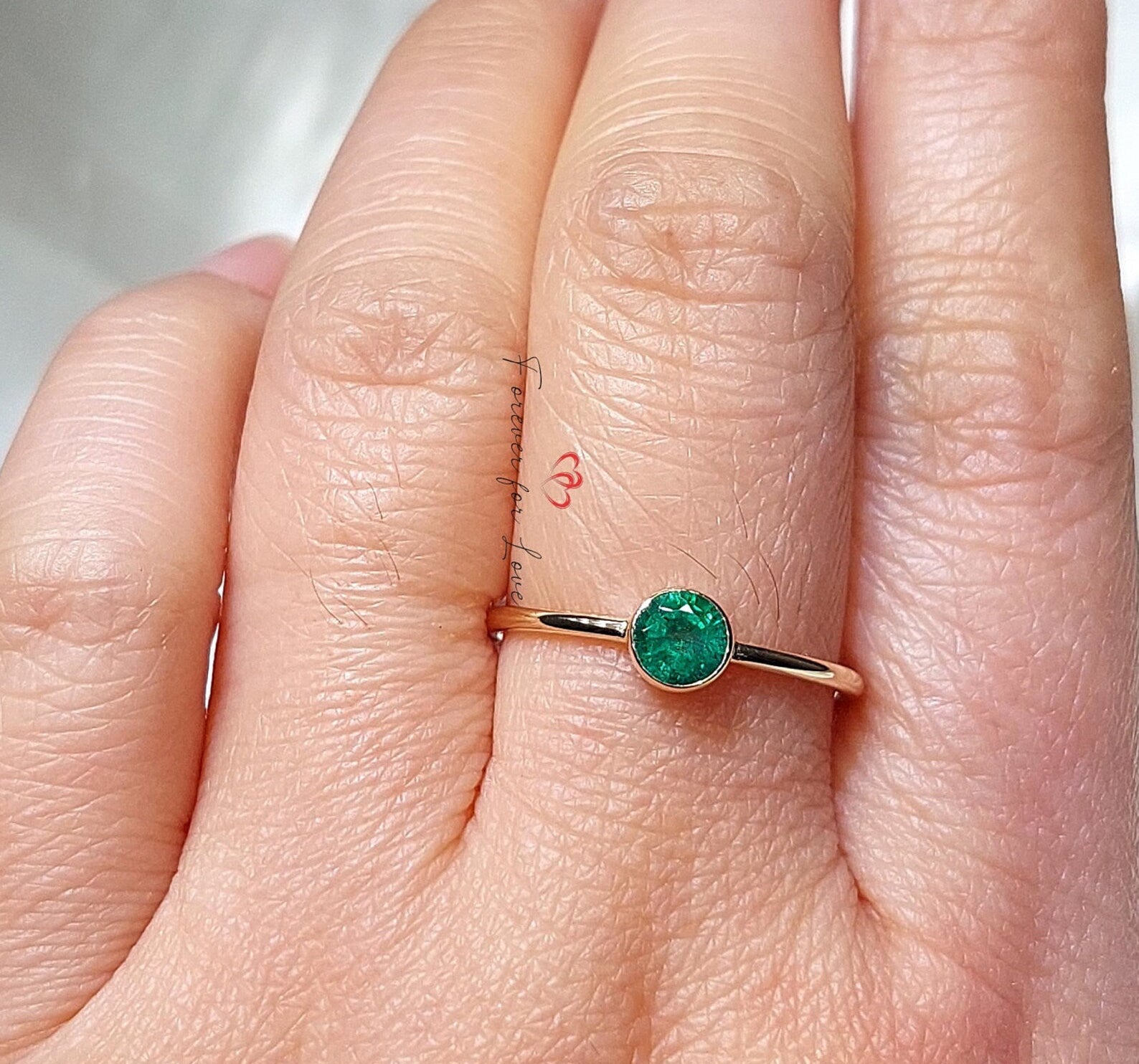 14k Solid Gold Emerald Engagement Ring, Simple Bezel Emerald May Birthstone Stackable Ring Forever For Love