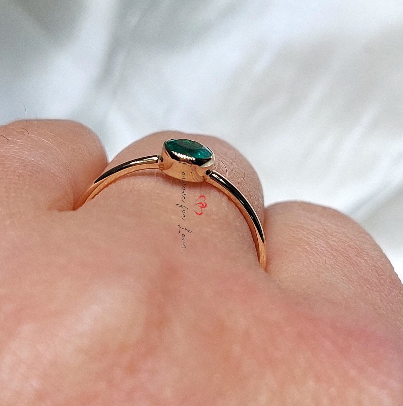 14k Solid Gold Emerald Engagement Ring, Simple Bezel Emerald May Birthstone Stackable Ring Forever For Love