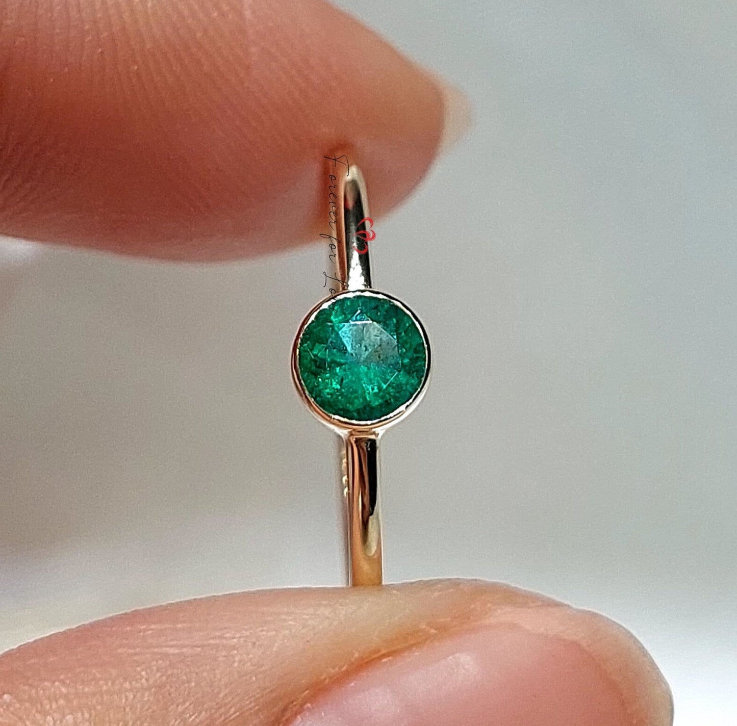 14k Solid Gold Emerald Engagement Ring, Simple Bezel Emerald May Birthstone Stackable Ring Forever For Love