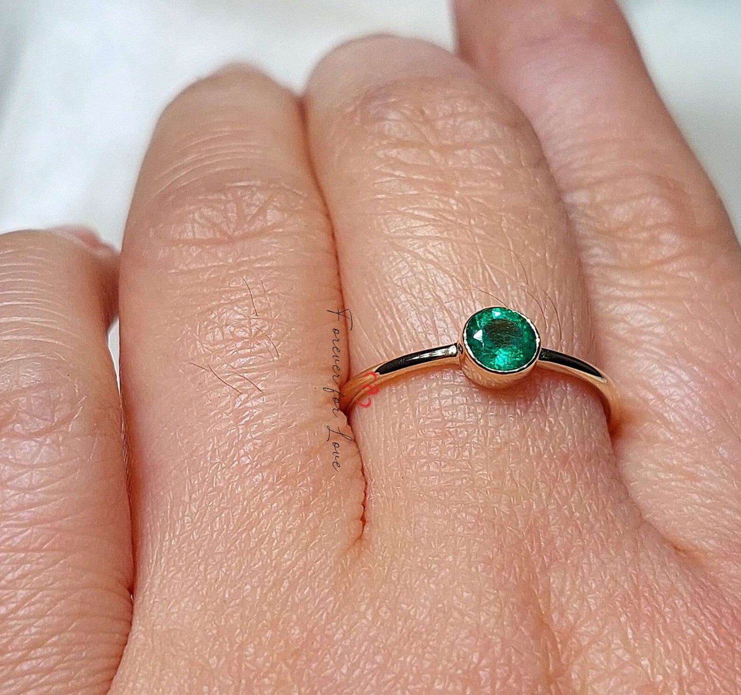 14k Solid Gold Emerald Engagement Ring, Simple Bezel Emerald May Birthstone Stackable Ring Forever For Love