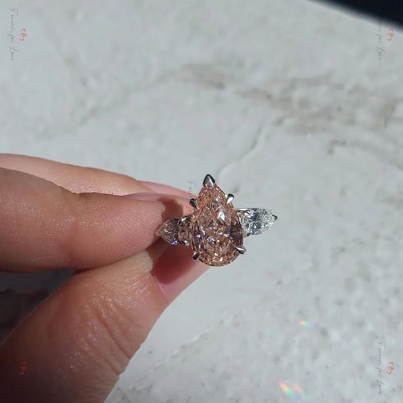 Pink Pear Cut three stone Lab Created Diamond Engagement Ring