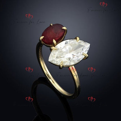 Natural Marquise Diamond Vintage Ring - IGI Certified with Garnet Accents in Yellow Gold