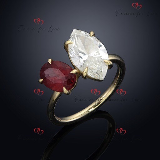 Bague vintage en diamant marquise naturel - Certifiée IGI avec accents de grenat en or jaune