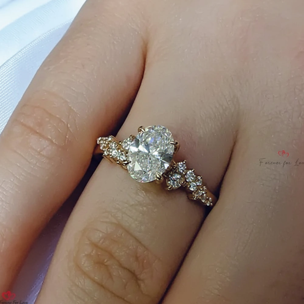 Oval Center Stone with Round Diamond Cluster Pave Engagement Ring Forever For Love
