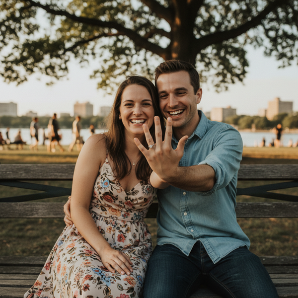 Natural realistic couple engagement photo