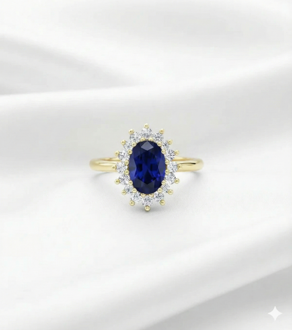 Oval cut blue sapphire engagement ring with a diamond halo set in 14k yellow gold