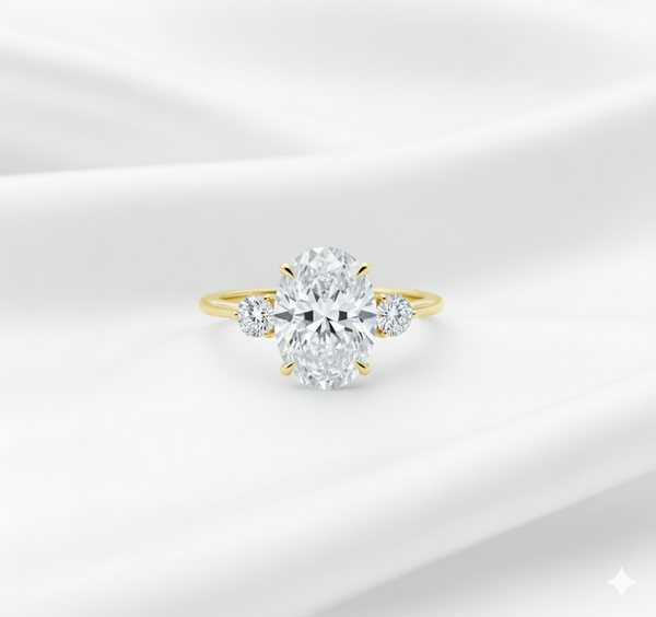 Oval lab diamond three stone engagement ring in yellow gold with round side diamonds