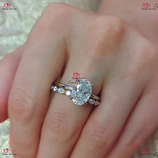 Oval Cut Moissanite Wedding Set in White Gold - Crushed Ice Oval Marquise Bridal Set Forever For Love