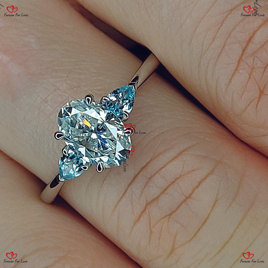 Bague de fiançailles vintage unique en moissanite ovale avec topaze bleue | Or blanc | Diamant taille poire