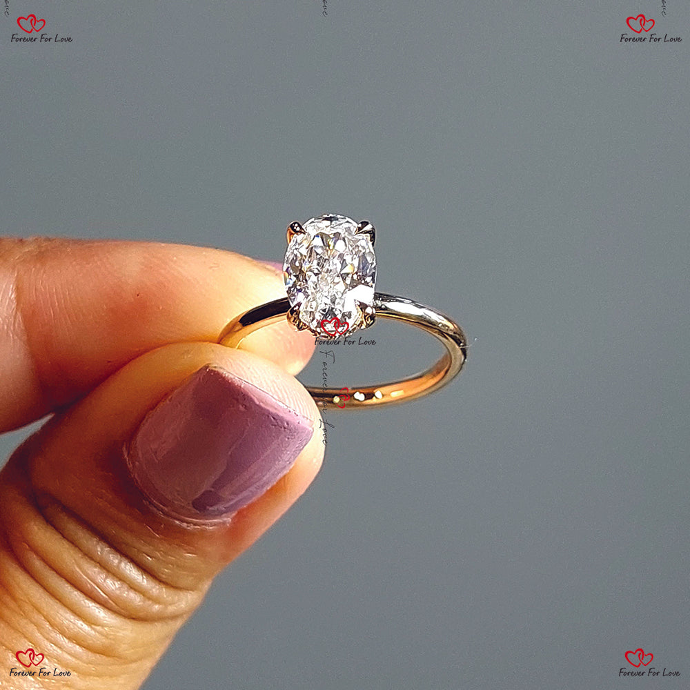 Oval Cut Moissanite Engagement Ring -  Crushed Ice Oval with Hidden Halo in Solid Gold