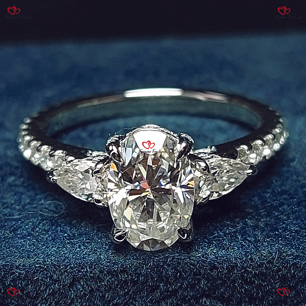 Antique Vintage Style  Oval Moissanite Ring in Solid White Gold - Pear Diamond Engagement Ring