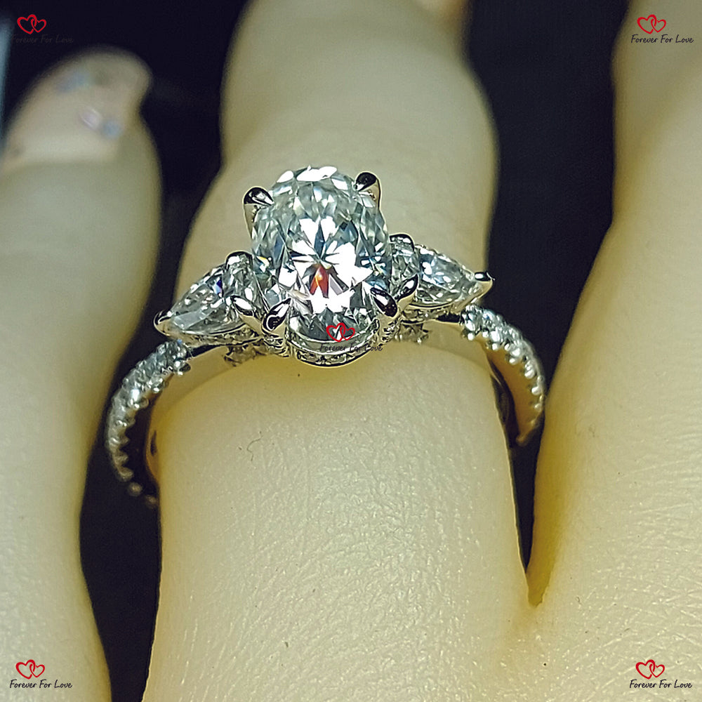 Antique Vintage Style  Oval Moissanite Ring in Solid White Gold - Pear Diamond Engagement Ring