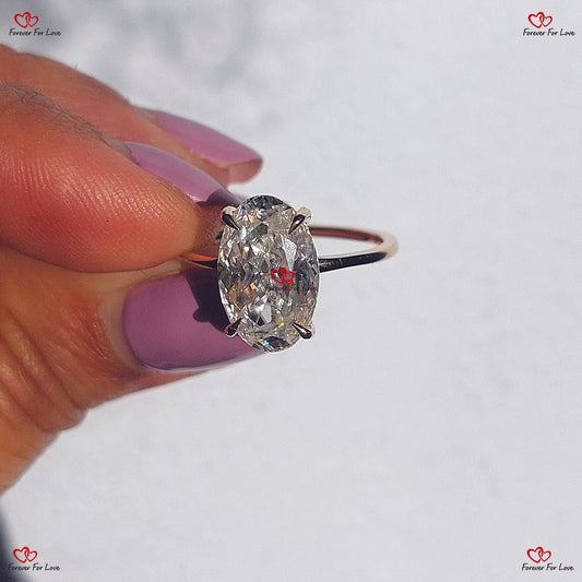 Bague de fiançailles en moissanite ovale | Ovale hybride en glace pilée | Conception de halo caché