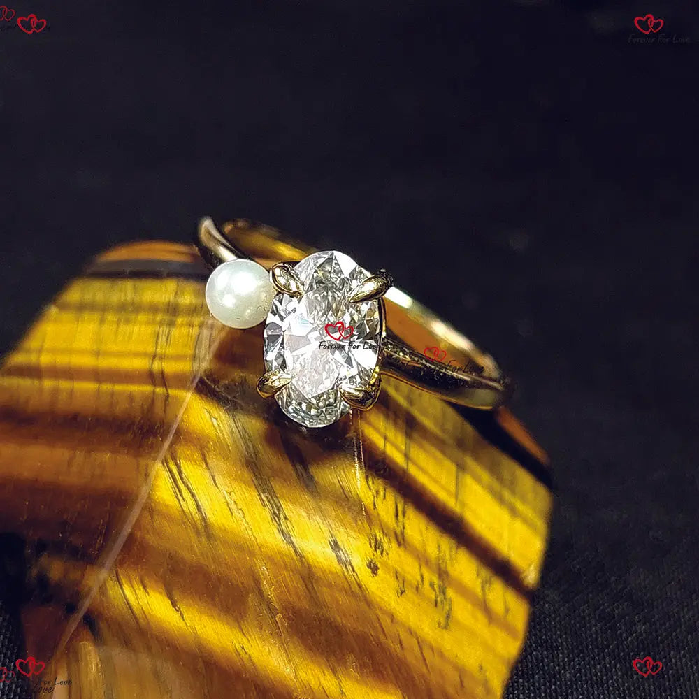 Unique Lab Diamond Oval Cut Engagement Ring with Pearl |  IGI Certified Solid Gold Ring Forever For Love